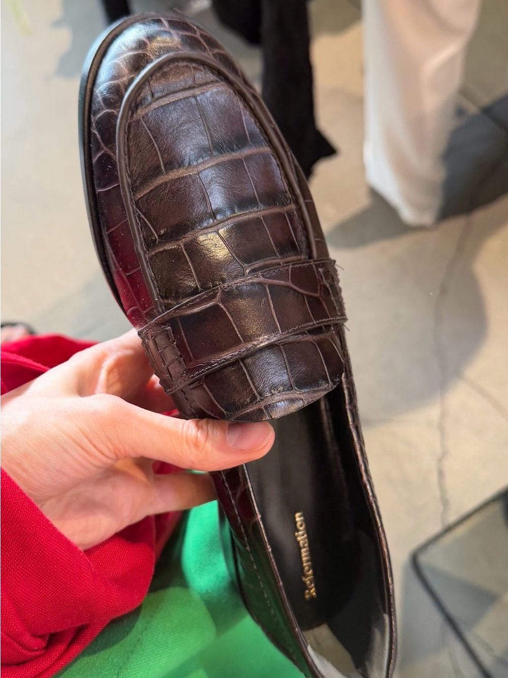 Reformation Dark Brown Croc-Embossed Leather Penny Loafers